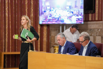 La concejal de Vox en Sevilla, Cristina Peláez; el  alcalde de Sevilla, José Luis Sanz; y el primer teniente de alcalde del Ayuntamiento de Sevilla, Juan Bueno, en un pleno.