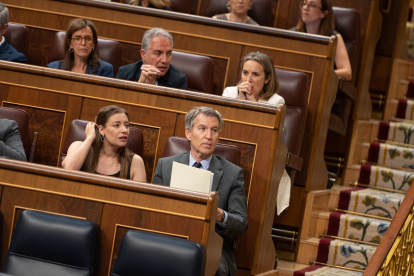 El presidente del PP, Alberto Núñez Feijóo, y la portavoz del PP en el Congreso, Ester Muñoz, durante una sesión plenaria, en el Congreso de los Diputados, a 28 de mayo de 2026, en Madrid (España). Durante el pleno de hoy, la cámara ha recibido la presentación del informe del Defensor del Pueblo correspondiente a la gestión realizada durante el año 2025. Además los diputados votan la convalidación o derogación del Real Decreto-ley por el que se modifica la aportación de los usuarios y sus beneficiarios en la prestación farmacéutica ambulatoria, que entró en vigor el pasado 13 de mayo.

Isa Saiz / Europa Press
28/5/2026