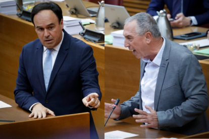 El president de la Generalitat, Juanfran Pérez Llorca a la izquierda y el portavoz de Compromís en Les Corts, Joan Baldoví a la izquierda