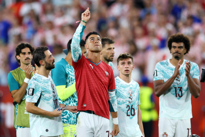 TORONTO, ONTARIO - JULY 02: Cristiano Ronaldo #7 of Portugal celebrates with a shirt in commemoration of late teammate Diogo Jota after the 2-1 win during the FIFA World Cup 2026 Round of 32 match between Portugal and Croatia at Toronto Stadium on July 02, 2026 in Toronto, Ontario. (Photo by Buda Mendes/Getty Images)