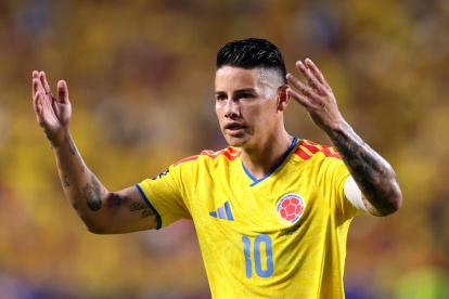 KANSAS CITY, MISSOURI - JULY 03: James Rodriguez #10 of Colombia reacts during the FIFA World Cup 2026 Round of 32 match between Colombia and Ghana at Kansas City Stadium on July 03, 2026 in Kansas City, Missouri. (Photo by Luke Hales/Getty Images)