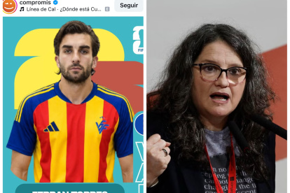 Ferran Torres en el montaje de Compromís de un Selección Valenciana y Mónica Oltra