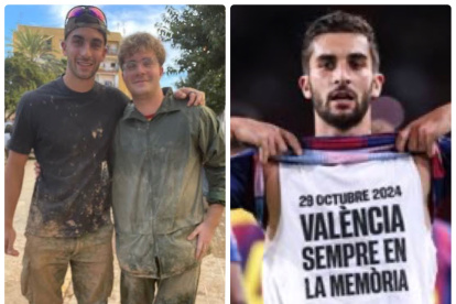 Ferran Torres quitando barro y con una camiseta en recuerdo de la dana de Valencia