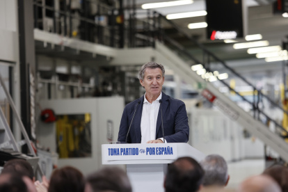 El presidente del PP, Alberto Núñez Feijóo, durante un acto con trabajadores autónomos en Cartonajes Izquierdo-Insoca, Polígono Industrial Las Casas, Soria