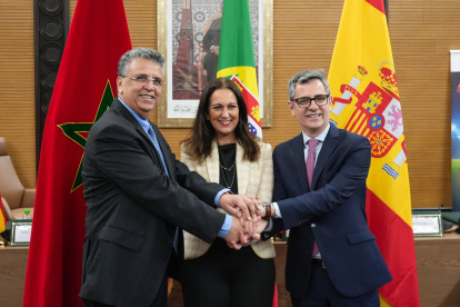 El ministro de la Presidencia, Justicia y Relaciones con las Cortes, Félix Bolaños, ha firmado un memorando judicial con sus homólogos de Portugal y Marruecos, Rita Júdice y Abdellatif Ouahbi, respectivamente, a 10 de abril de 2026, en Rabat (Marruecos).