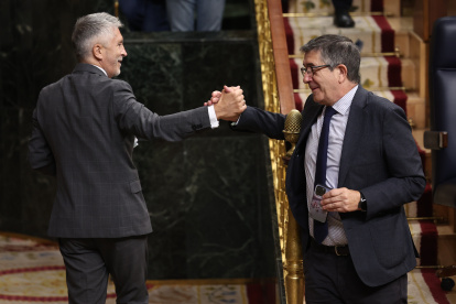 El ministro del Interior, Fernando Grande-Marlaska, y el portavoz del PSOE en el Congreso, Patxi López, se saludan en el Congreso.