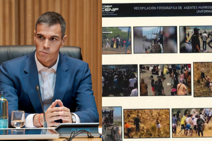 El presidente del Gobierno, Pedro Sánchez, y a su lado el informe de la Policía que señala la influencia de agentes de Marruecos en el asalto a Ceuta.