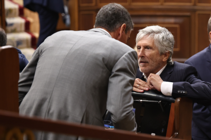 El presidente del Gobierno, Pedro Sánchez, y el ministro del Interior, Fernando Grande-Marlaska, conversan en el Congreso.