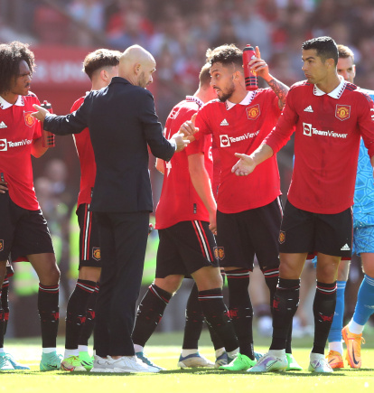 MANCHESTER, ENGLAND - JULY 31: Manchester United manager Erik ten Hag chats with Christiano Ronaldo of Manchester United during the Pre-Season Friendly match between Manchester United and Rayo Vallecano at Old Trafford on July 31, 2022 in Manchester, England. (Photo by Jan Kruger/Getty Images)