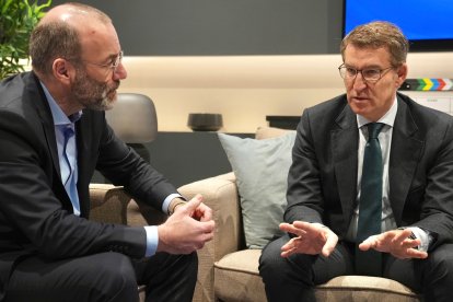 El líder del PP, Alberto Núñez Feijóo, se reúne con el presidente del PPE, Manfred Weber, en Bruselas.