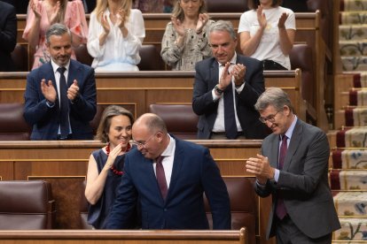 Feijóo aplaude a Miguel Tellado tras su intervención en el Congreso.