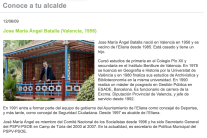 Currículum de José María Ángel en la web del Ayuntaminto de L'Eliana cuando era alcalde, donde se pone el título falso