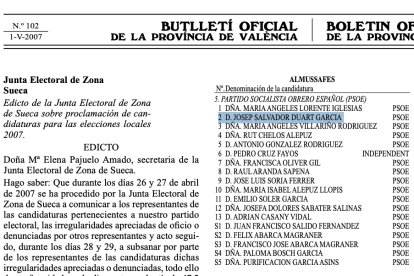 BOP con la candidatura del PSOE en Almussafes en 2007 donde figura Josep Salvador Duart como número 2