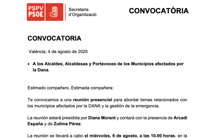 Convocatoria de la reunión de Diana Morant y Zulima Pérez con alcaldes del PSOE