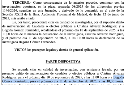 Extracto del auto de citación a Begoña Gómez.