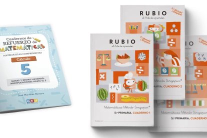 Los cuadernos de refuerzo matemático, como los de GEU o el Método Singapur de Rubio, forman parte de las listas escolares y suponen un gasto añadido para las familias.