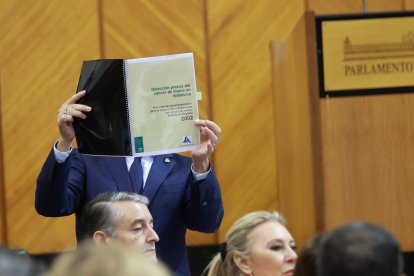 El presidente de la Junta de Andalucía, Juanma Moreno, saca el protocolo durante la sesión de control en el pleno del Parlamento
