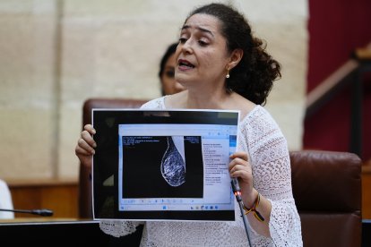La portavoz del Grupo Por Andalucía, Inmaculada Nieto, enseña la supuesta mamografía alterada en un pleno.