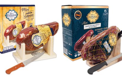 Existen dos versiones del producto: el mini jamón curado y el mini jamón de cebo ibérico, ambos en formato compacto y con accesorios.