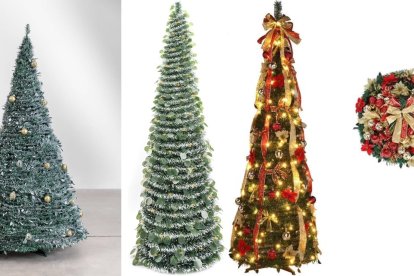 De izquierda a derecha: árbol plegable nevado con bolas doradas de Sklum, diseño con eucalipto y nieve artificial de Amazon, y modelo iluminado con cintas rojas de Leroy Merlin.