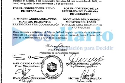 El acuerdo firmado por Moratinos, Maduro y su esposa, Cilia Flores