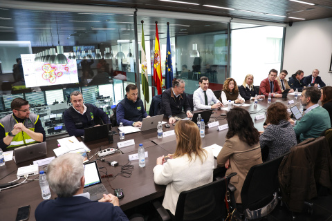 El presidente de la Junta de Andalucía, Juanma Moreno, durante la reunión del comité asesor del Plan de Emergencias en la Sede de 112 Emergencias.