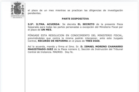 Extracto del auto en el que se prorroga otro mes el secreto de la información del PSOE.