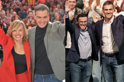 Pedro Sánchez junto a los candidatos en Aragón y Extremadura: Pilar Alegría y Miguel Ángel Gallardo.