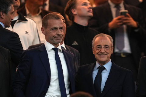 MADRID, SPAIN - APRIL 07: Aleksander Ceferin, President of UEFA, and Florentino Perez, President of Real Madrid, are seen in attendance prior to the UEFA Champions League 2025/26 Quarter-Final First Leg match between Real Madrid CF and FC Bayern München at Estadio Santiago Bernabeu on April 07, 2026 in Madrid, Spain. (Photo by Aitor Alcalde/Getty Images)