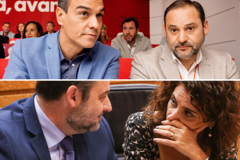 El presidente del Gobierno, Pedro Sánchez, con Ábalos en un mitin del PSOE (arriba); y la candidata del PSOE en Andalucía, María Jesús Montero, con Ábalos en el Congreso (abajo).
