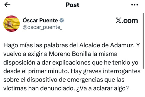 Tuit de Óscar Puente sobre Juanma Moreno y Adamuz