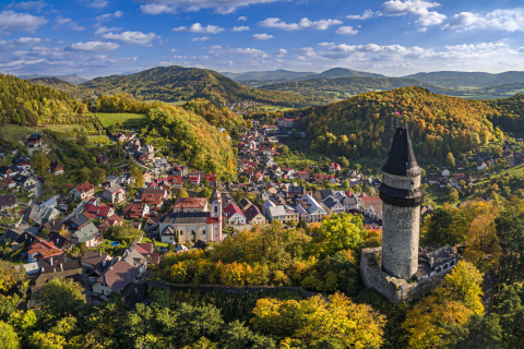 Vista aérea del pintoresco pueblo medieval de Štramberk.