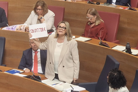 Carmen Ortí con el cartel de la cifra que el Botànic financión a colegios que segregan por sexo