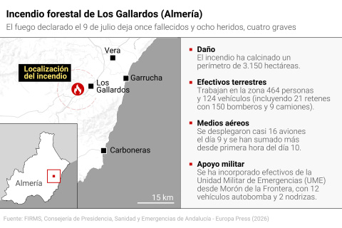 Mapa y datos del incendio en Almería.