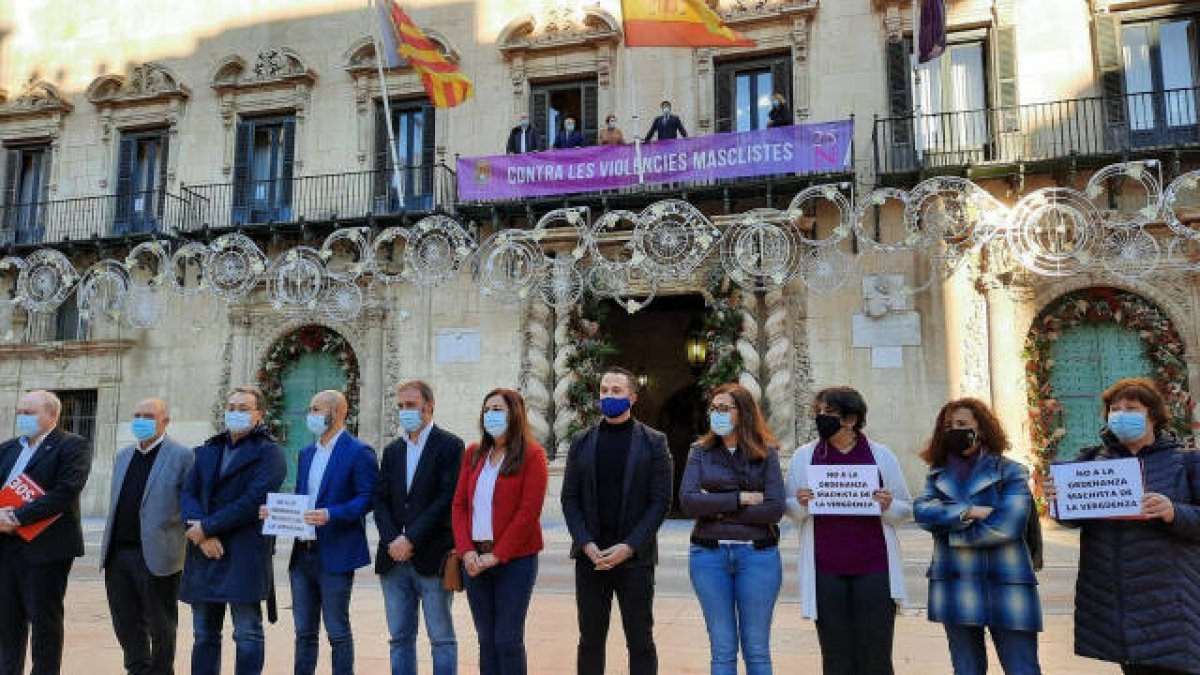 Los concejales de PSOE, Compromís y Podemos han mostrado unos carteles contra la ordenanza antes del pleno