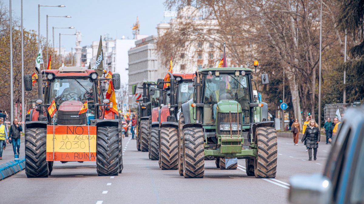 Varios tractores durante una nueva jornada de protestas de agricultores y ganaderos, a 17 de marzo de 2024, en Madrid (España). Unión de Uniones ha convocado una tractorada de agricultores y ganaderos para pedir mejoras en el sector, entre ellas exigir ayudas para afrontar las sequías que sufre el campo, además de protestar contra las políticas europeas y su falta de rentabilidad. Durante la manifestación, que ha tenido lugar desde el Ministerio de Transición Ecológica hasta el de Agricultura, se ha hecho entrega de una donación de aceite de oliva a Mensajeros de la Paz. Han convocado para participar en la marcha a más de 1.500 tractores y 10.000 trabajadores.
17 MARZO 2024;PROTESTA;AGRICULTORES;GANADEROS;TRACTORADA;MARCHA;SEQUÍAS
Gabriel Luengas / Europa Press
(Foto de ARCHIVO)
17/3/2024