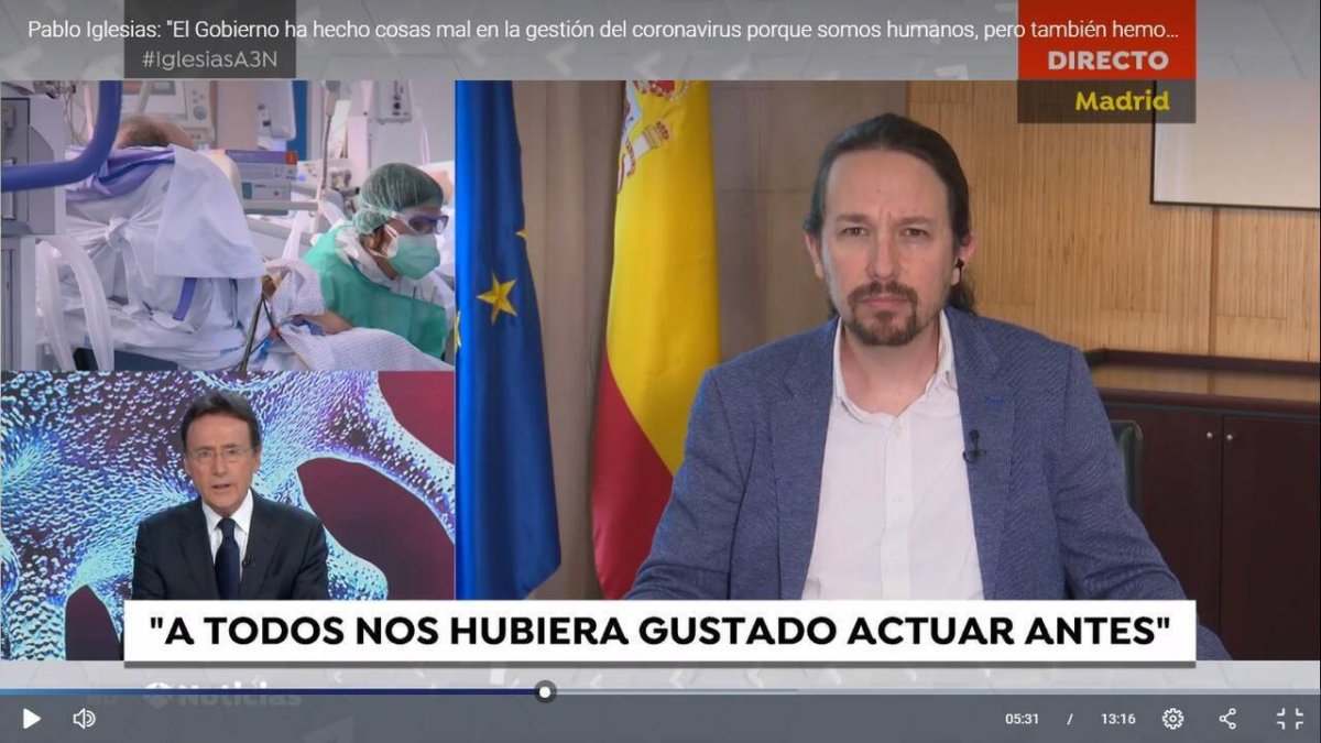 El vicepresidente segundo del Gobierno, Pablo iglesias, entrevistado en Antena 3