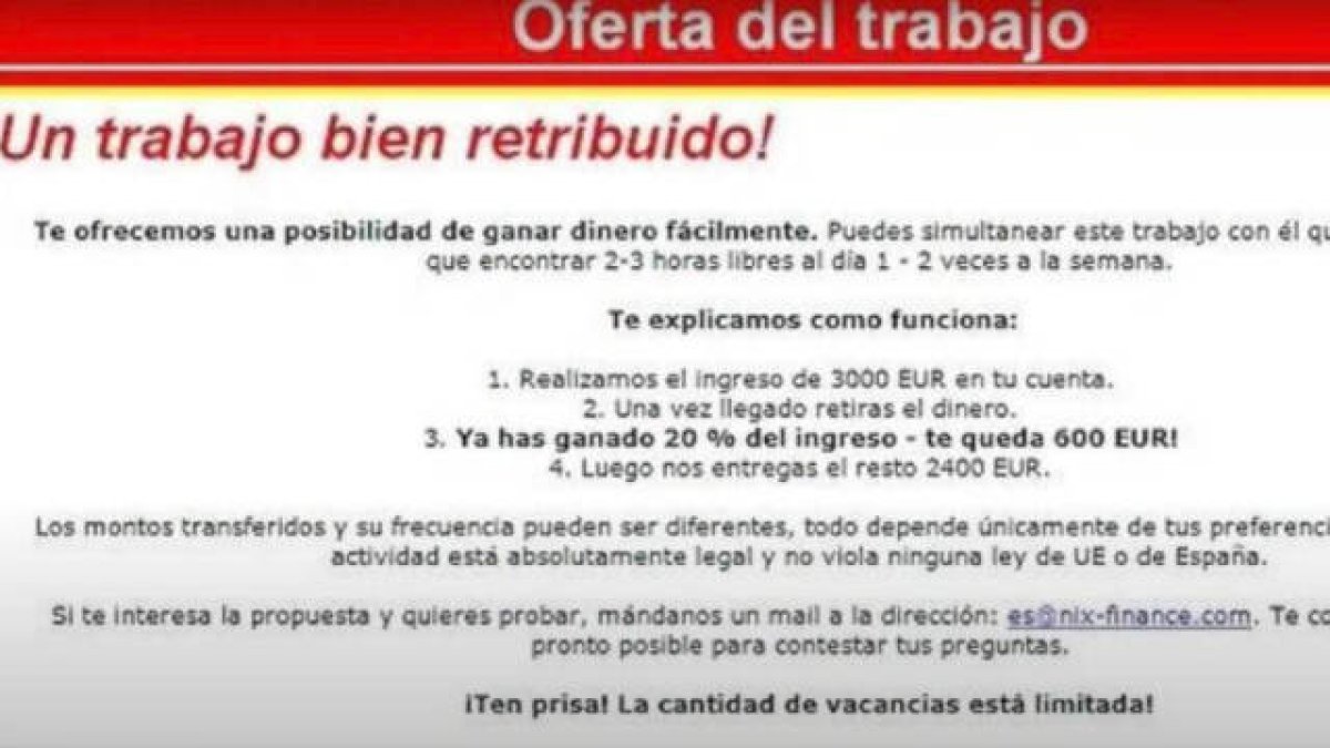 Ejemplo de oferta de trabajo fraudulenta.