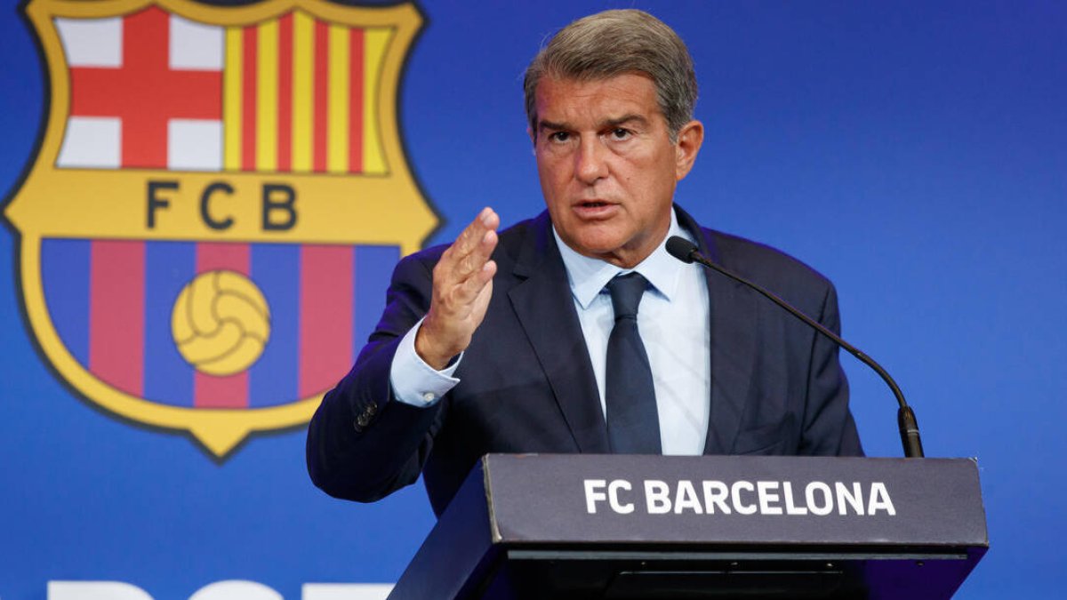 Joan Laporta, en la rueda de prensa de este mediodía.