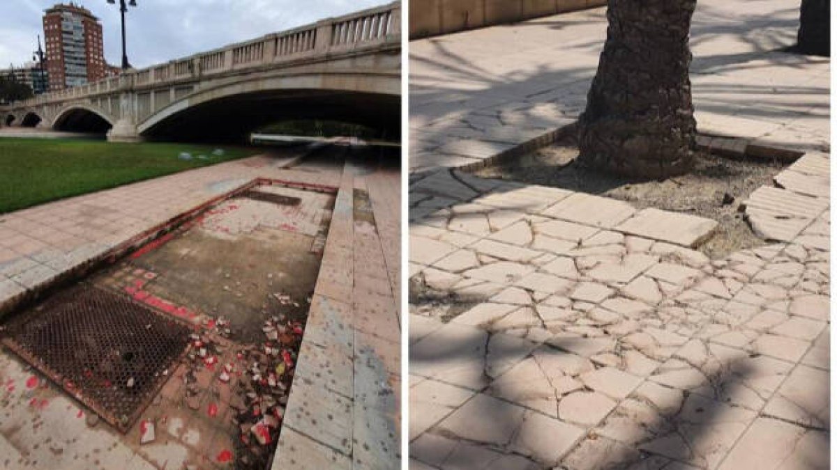 Fuentes abandfonadas y pavimento roto en el tramo del Jardín del Turia que diseño Ricardo Bofill