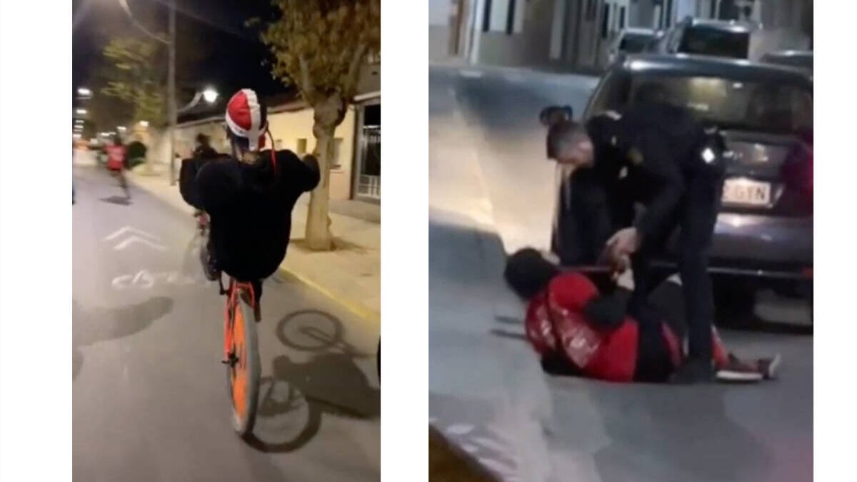 Un miembro de la banda en su bici y la detención de otro pandillero