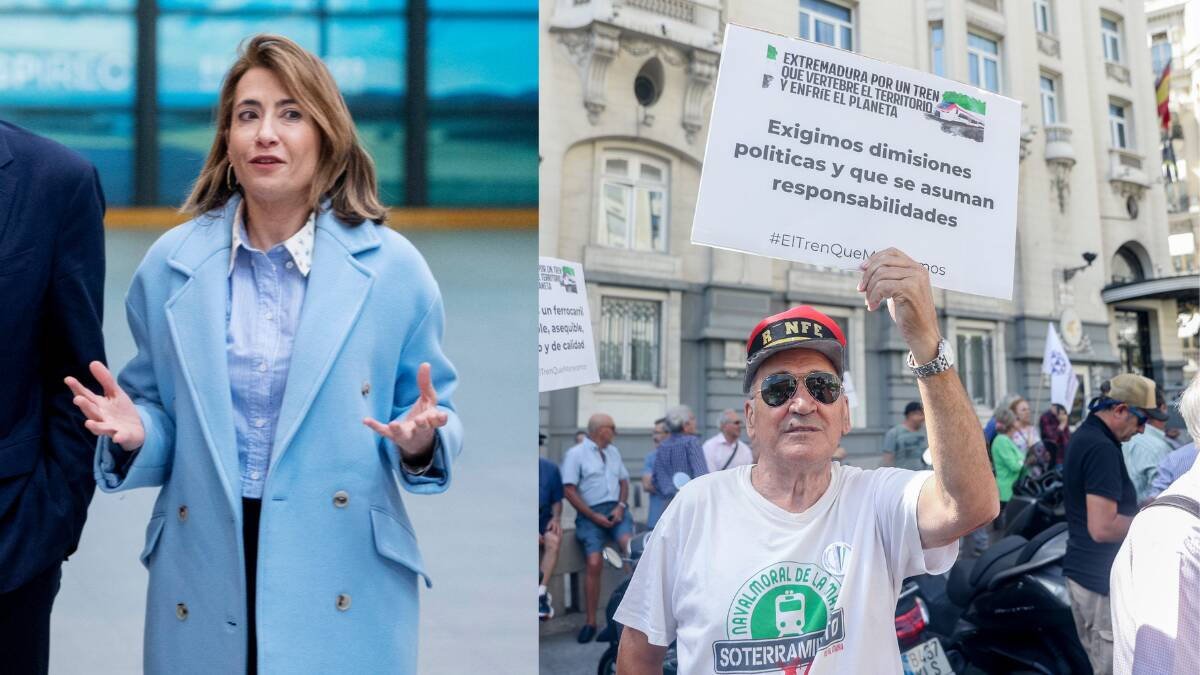 La ministra de Transportes, Raquel Sánchez, y un manifestante durante una concentración para exigir un tren digno para Extremadura.