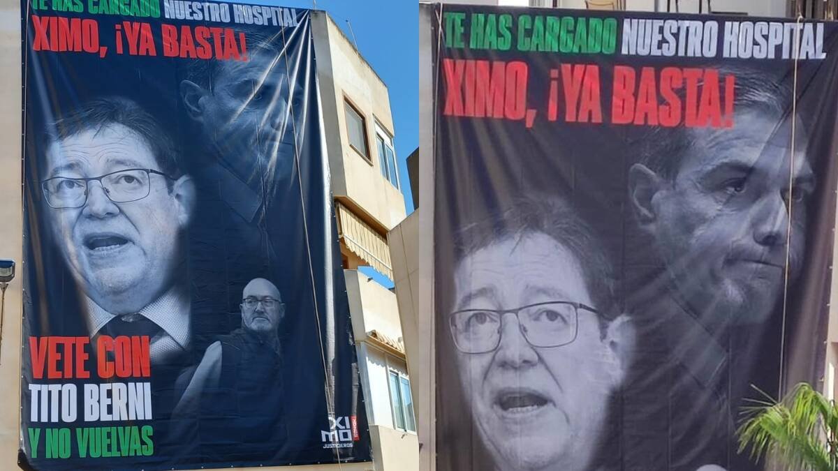 Lona de que ha aparecido enfrente de el Auditorio Centro Cultural Virgen del Carmen en Torrevieja.