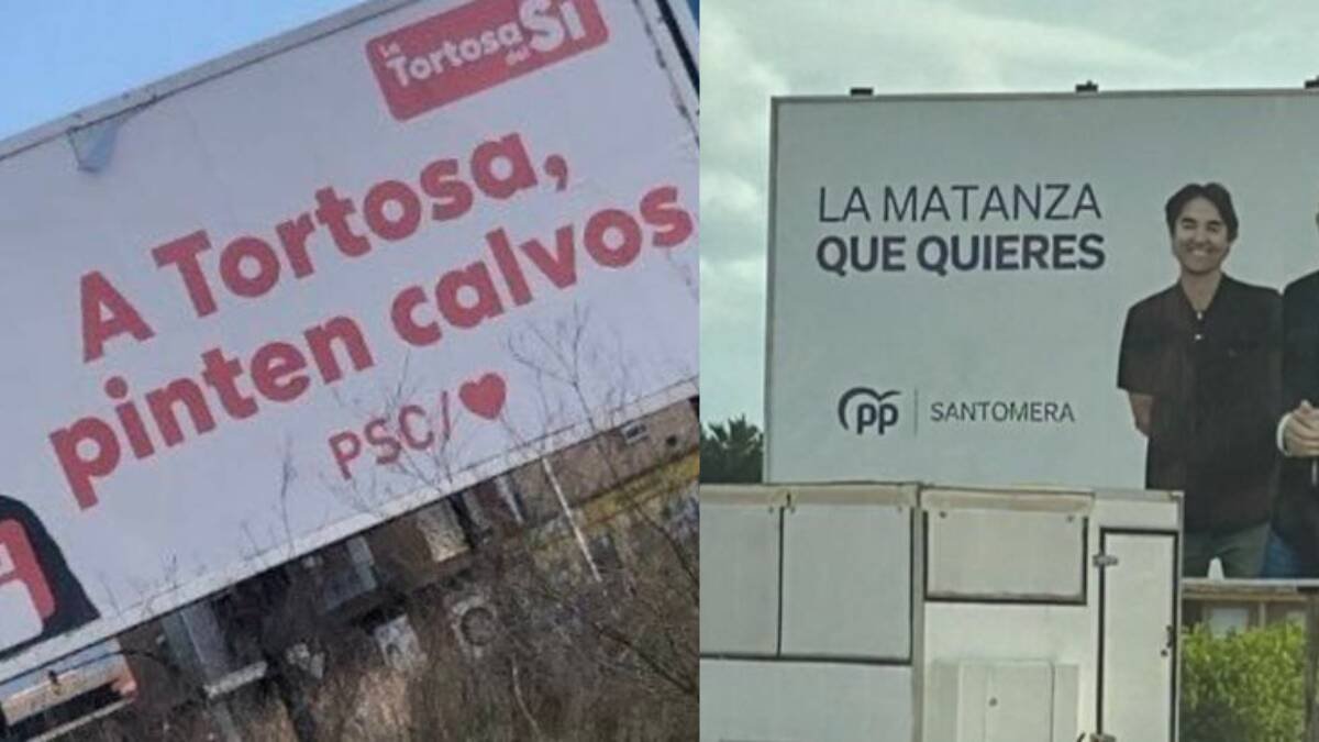 A la derecha, cartel del PSC en Tortosa, a la izquierda, cartel del PP en Matanza.