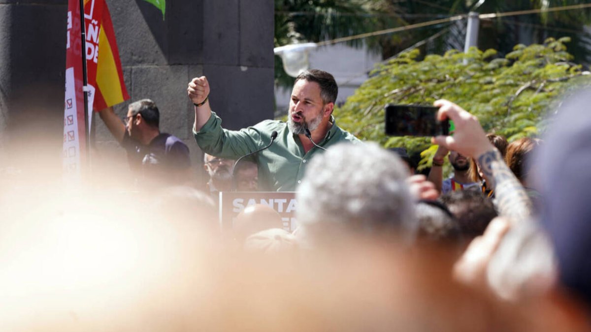 El líer de Vox, Santiago Abascal, durante un mitin celebrado durante la campaña de las elecciones del 28M