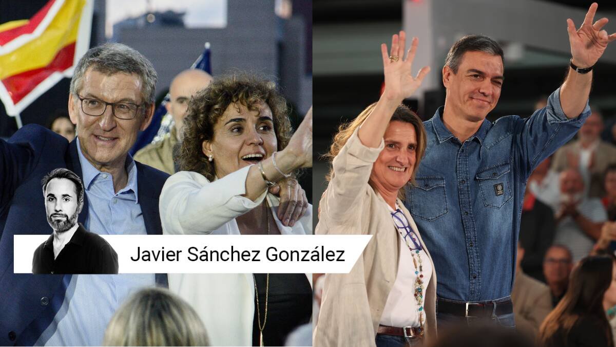 Los líder de PP y PSOE, Feijóo y Sánchez, junto a sus candidatas a las elecciones europeas: Dolors Montserrat y Teresa Ribera.