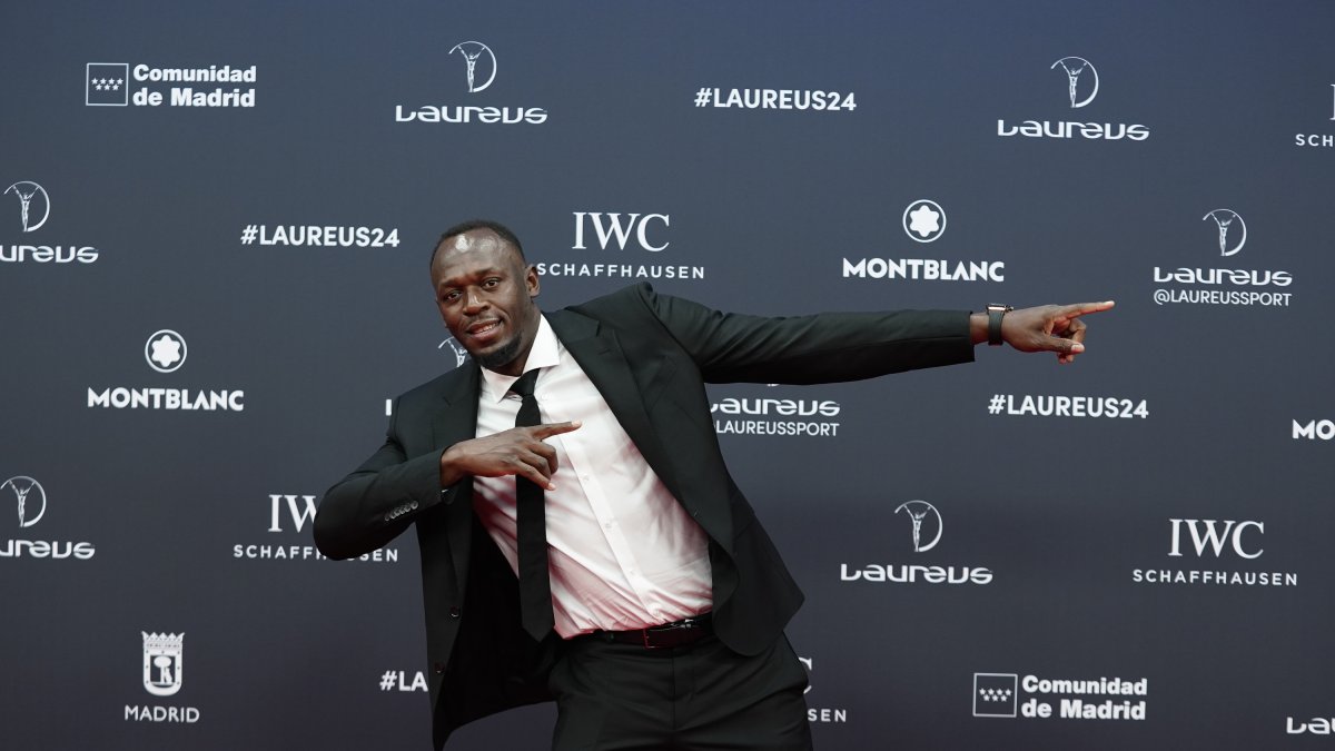 El exatleta Usain Bolt posa durante la alfombra roja de la 25ª edición de los Premios Laureus 2024, celebrados en Madrid.