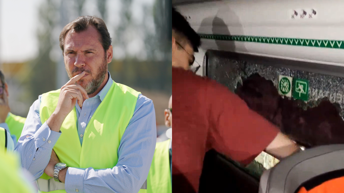 A la izquierda el ministro de Transportes, Óscar Puente, y a la derecha el usuario de Renfe que ha roto las ventanas ante el calor tras una avería.