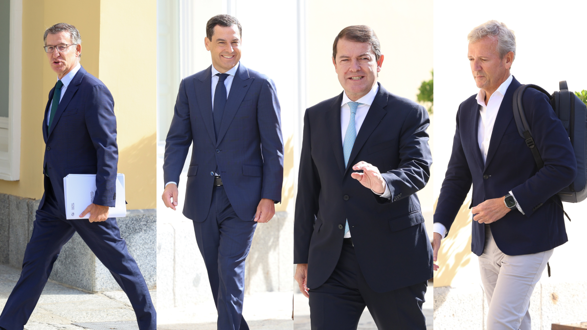 El líder del PP, Alberto Núñez Feijóo, y los presidentes de Andalucía, Castilla y León y Aragón: Juanma Moreno, Alfonso Fernández Mañueco y Jorge Azcón.