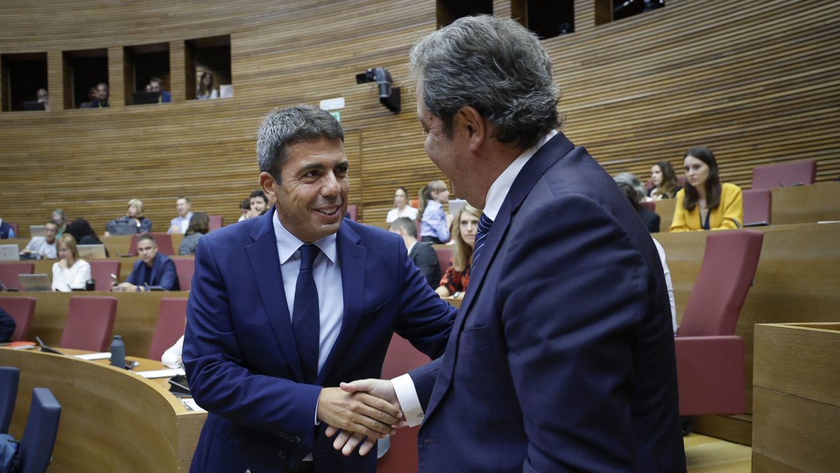 El president de la Generalitat, Carlos Mazón, y el síndic de Vox, José María Llanos